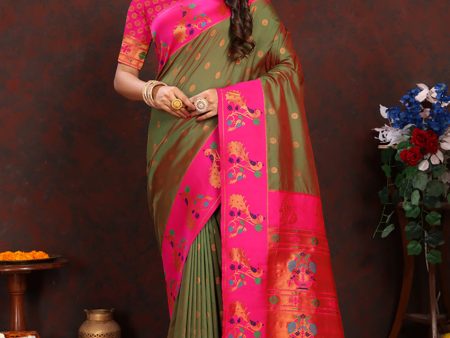 Lorenvalley Fashion Mahendi Soft Paithani Silk Woven Design Rich Zari Meenakari Weaving Saree Online now