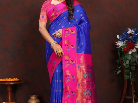 Lorenvalley Fashion Blue Soft Paithani Silk Woven Design Rich Zari Meenakari Weaving Saree Online now