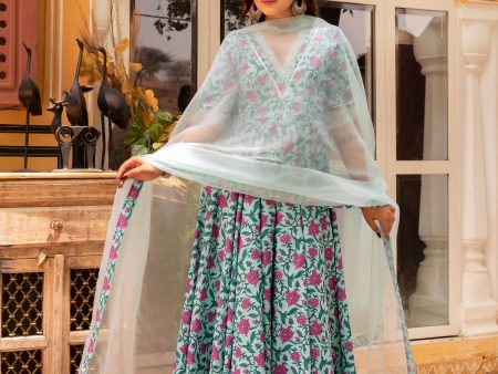 Pomcha Jaipur Gaurangi Blue Pink Cotton Printed Anarkali Set Hot on Sale