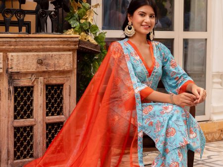 Pomcha Jaipur Gaurangi Blue Orange Cotton Floral Print Suit Set For Sale