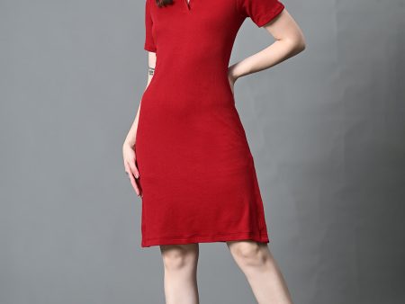 Myshka Women s Collared Neck Short Sleeves Ribbed A-Line Dress in Maroon Color Online now