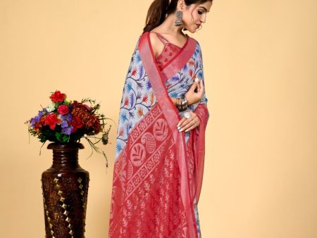 NOZ2TOZ Women Casual Wear Printed Brasso Silk Saree with Unstitched Blouse - Sky Blue Supply