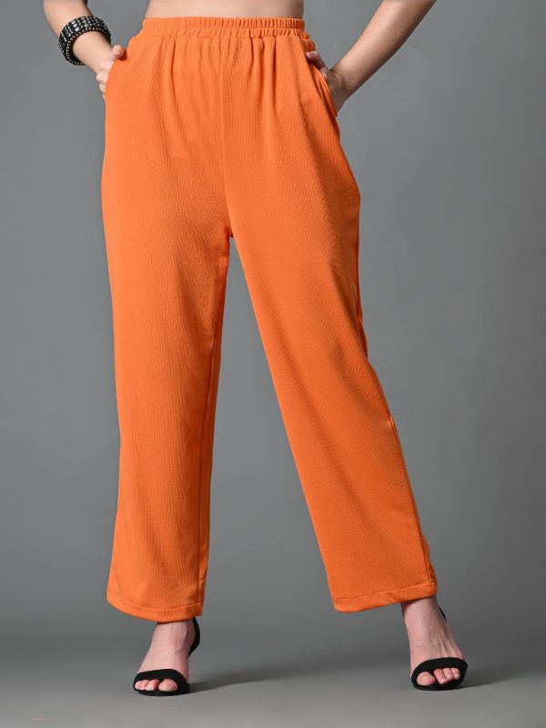 Myshka Women s Solid Ribbed High-Rise Wide Leg Casual Trousers in Orange Color Supply