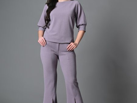 Myshka Lavender Solid Boat Neck Casual Top With Trousers Co-ord set Fashion