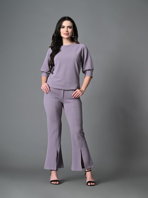 Myshka Lavender Solid Boat Neck Casual Top With Trousers Co-ord set Fashion