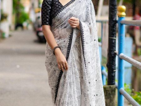 Black Pure Georgette Warli Saree with Unstitched Blouse - A2M Sale