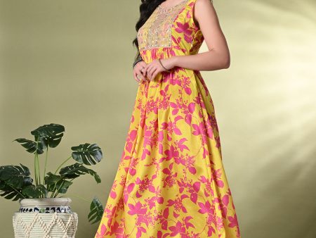 Myshka Women s Chinon Embroidered Flayerd Kurta in Yellow Color Sale