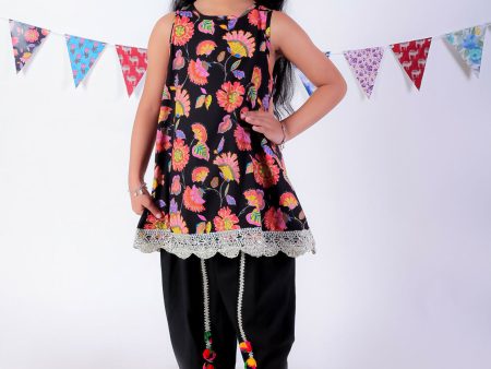 Lil Drama Jaipur Print Stylish Cotton Kurta with Dhoti Set for Girls - Black Discount