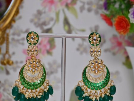 Green Gold Plated Beautifully Enamelled Stylish Kundan & Pearl Dangle Women Earrings|Meenakari Chandbali Traditional Ethnic Wear Earrings By House of Ree For Discount