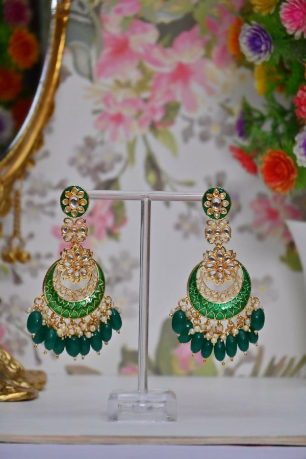 Green Gold Plated Beautifully Enamelled Stylish Kundan & Pearl Dangle Women Earrings|Meenakari Chandbali Traditional Ethnic Wear Earrings By House of Ree For Discount