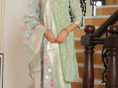 Vaasva Women Aqua Tissue Brocade Embroidered Kurta With Scalloped Pant & Dupatta For Discount