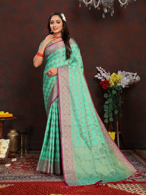 Lorenvalley Fashion Seagreen Soft Katan Silk Woven Design Rich Zari Weaving Pallu Saree Online Hot Sale