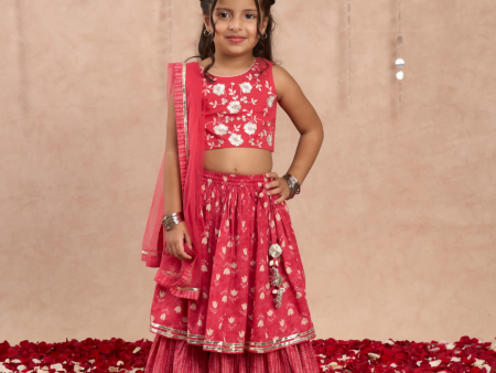 Lil Drama Jaipur Print Stylish Cotton Lehanga with Choli and Net Dupatta Set for Girls - Red Hot on Sale