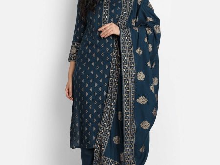 NOZ2TOZ Women Blue Printed Viscose Rayon Kurta And Pant Set Discount