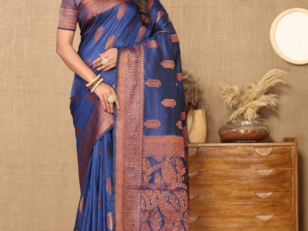 Lorenvalley Fashion Blue Soft Katan Silk Woven Design Copper Zari Weaving Saree For Cheap