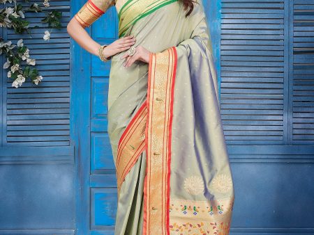 NOZ2TOZ Women Wedding Wear Zari Weaving Paithani Silk Saree with Unstitched Blouse - Light Green on Sale