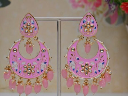 Baby Pink Gold Plated Brass & Pearl Dangle Women Earrings| Hand Painted Meenakari Chandbali Traditional Ethnic Wear Earrings By House of Ree Discount