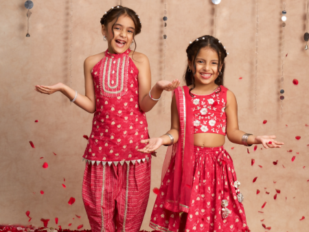 Lil Drama Jaipur Print Stylish Cotton Kurta with Dhoti Set for Girls - Red For Sale