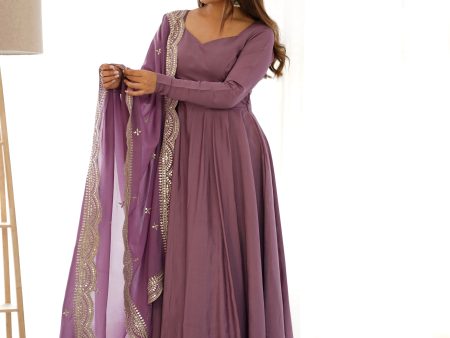 Lorenvalley Fashion Mauve Pure Roman Silk Chanderi Fabric Fully Flared Anarkali Pant With Dupatta Set - Mauve Supply