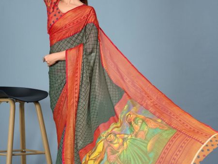 NOZ2TOZ Women Casual Wear Printed Brasso Silk Saree with Unstitched Blouse - Green Online now