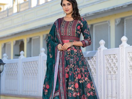 Partywear Designer Green Dola Silk Anarkali suit with Dupatta - Suzen Supply