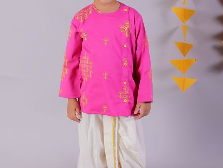 Lil Drama Janmashtami Pink Boys Cotton Kurta and White Dhoti Ethnic Set Online