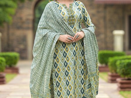 NOZ2TOZ Women Green Printed Viscose Rayon Kurta, Pant And Dupatta Set on Sale