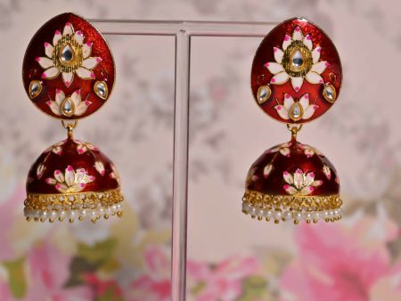 Maroon Hand Painted Ethnic Meenakari Jhumki Earrings By House of Ree For Sale