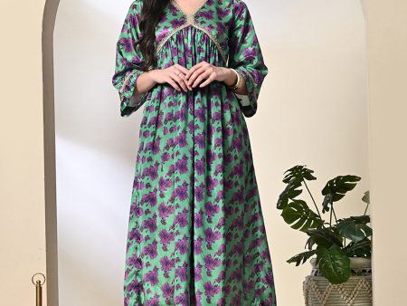 Myshka Women s Chinon Printed Alia-cut Kurta in Green Color Online Hot Sale