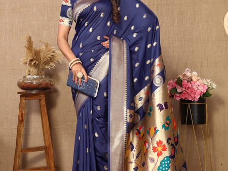 Lorenvalley Fashion Navyblue Soft Paithani Silk Woven Design Rich Zari Meenakari Weaving Saree Supply