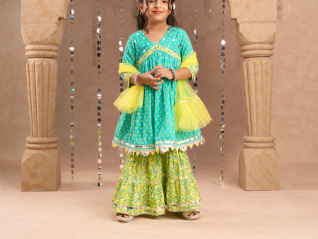 Lil Drama Jaipur Print Stylish Cotton Kurta with Sharara and Net Dupatta Set for Girls - Green Cheap