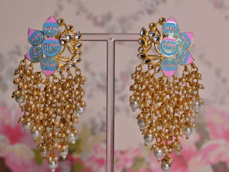 Sky Blue And Pink Ethnic Enamel Meenakari Lotus Earrings By House of Ree For Cheap