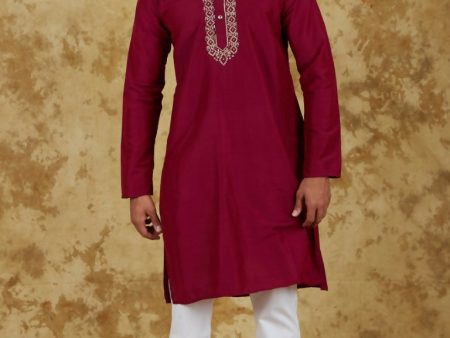 Bluesaanchi Men s Handloom Embroidered Crimson Kurta Set on Sale