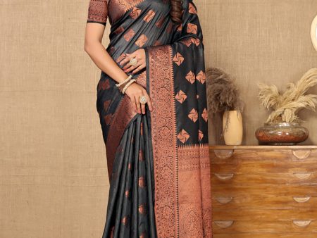 Lorenvalley Fashion Black Soft Katan Silk Woven Design Copper Zari Weaving Saree Cheap