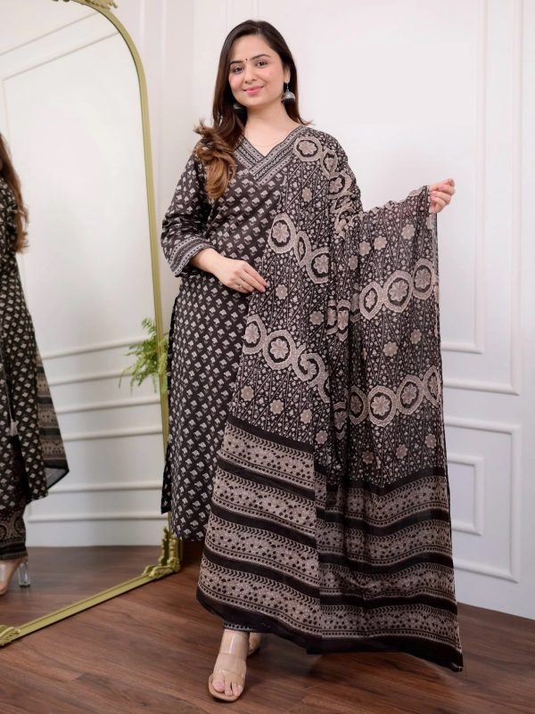 Indian Fashion Women Black Embroidery Viscose Rayon Kurta, Pant And Dupatta Set For Discount