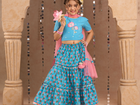 Lil Drama Jaipur Print Stylish Cotton Lehanga with Choli and Net Dupatta Set for Girls - Blue For Discount