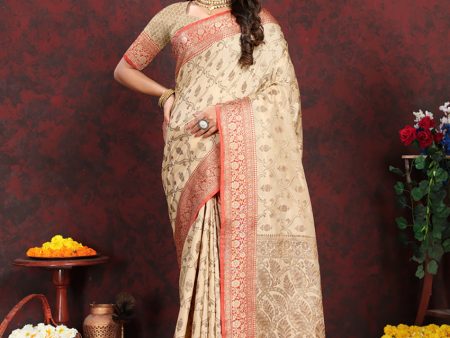 Lorenvalley Fashion Cream Soft Katan Silk Woven Design Rich Zari Weaving Pallu Saree Discount