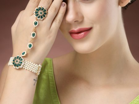 NVR Women s Green Gold-Plated Stone Studded Handcrafted Ring Bracelet Hot on Sale