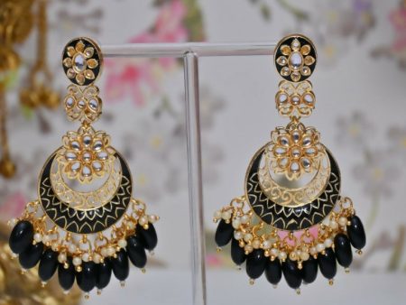 Black Gold Plated Beautifully Enamelled Stylish Kundan & Pearl Dangle Women Earrings|Meenakari Chandbali Traditional Ethnic Wear Earrings By House of Ree For Discount