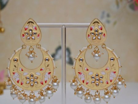 Cream Gold Plated Brass & Pearl Dangle Women Earrings| Hand Painted Meenakari Chandbali Traditional Ethnic Wear Earrings By House of Ree Fashion