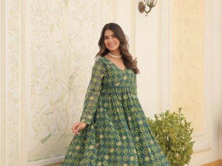 Aastha Fashion Green Faux Georgette Printed Gown With Pant on Sale