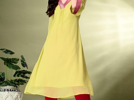 Myshka Women s Georgette Solid A-Line Kurta in Yellow Color Hot on Sale