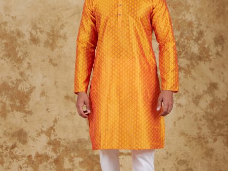 Bluesaanchi Men s Orange Banarasi Silk Kurta Set For Sale