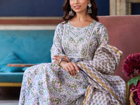 NOZ2TOZ Women Light Green, Purple, White Printed Viscose Rayon Kurta, Pant And Dupatta Set For Discount