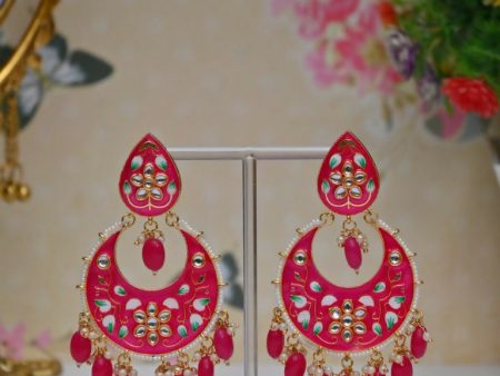 Pink Gold Plated Brass & Pearl Dangle Women Earrings| Hand Painted Meenakari Chandbali Traditional Ethnic Wear Earrings By House of Ree on Sale