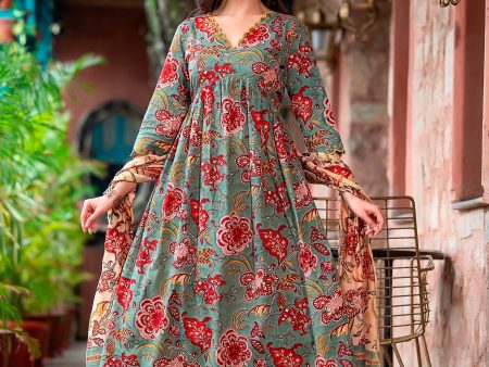 NOZ2TOZ Women Grey And red Printed Viscose Rayon Kurta, Pant And Dupatta Set For Sale