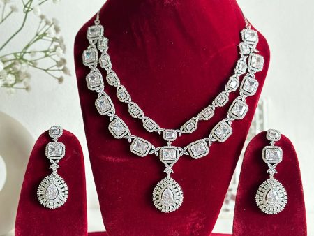 Siver American Diamond Two Layer Elegent Necklace Set With Earrings By House of Ree For Discount