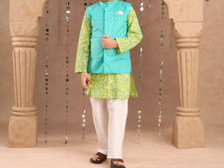 Lil Drama Jaipur Print Stylish Cotton Kurta with Pyjama and Jacket Set for Boys - Green Cheap