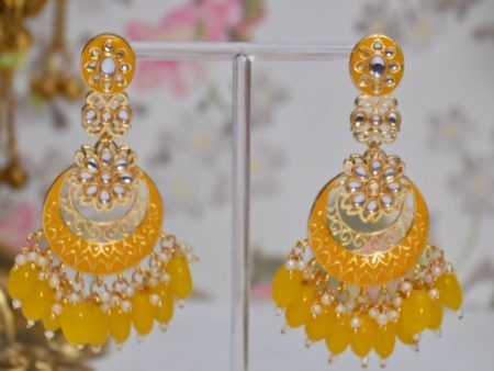 Yellow Gold Plated Beautifully Enamelled Stylish Kundan & Pearl Dangle Women Earrings|Meenakari Chandbali Traditional Ethnic Wear Earrings By House of Ree Online now