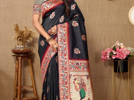 Lorenvalley Fashion Black Soft Paithani Silk Woven Design Rich Meenakari Zari Weaving Pallu Saree Online